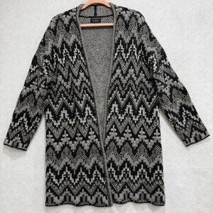 Lucky Brand Sweater Womens Large Black Gray Open Front Cardigan Aztec 7W51778